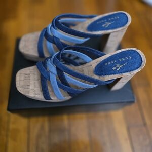 Blue Multi-Strap Cork Block Heel Mules